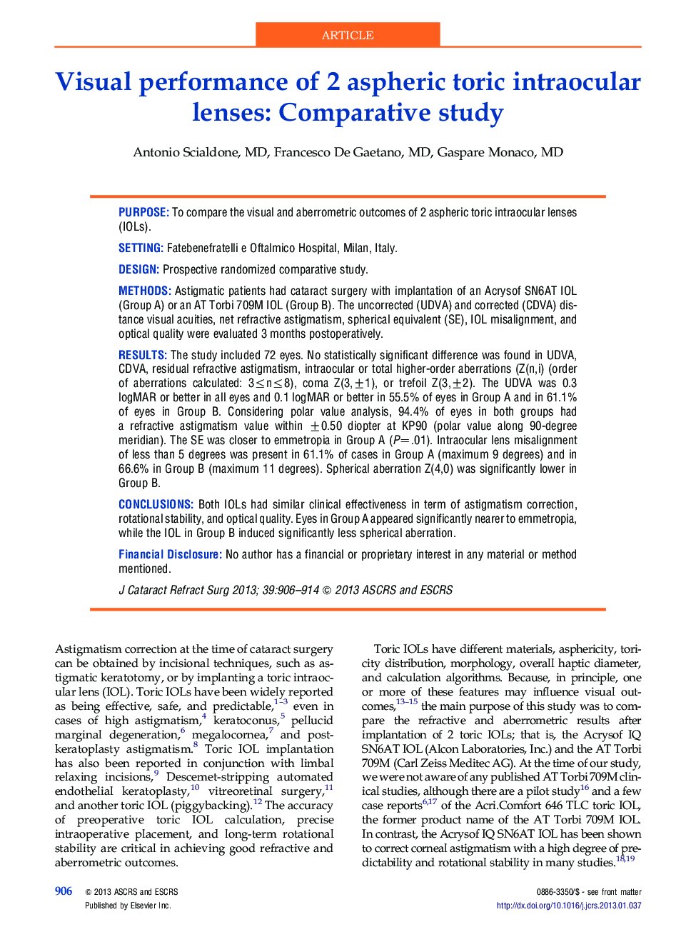 Visual performance of 2 aspheric toric intraocular lenses: Comparative study