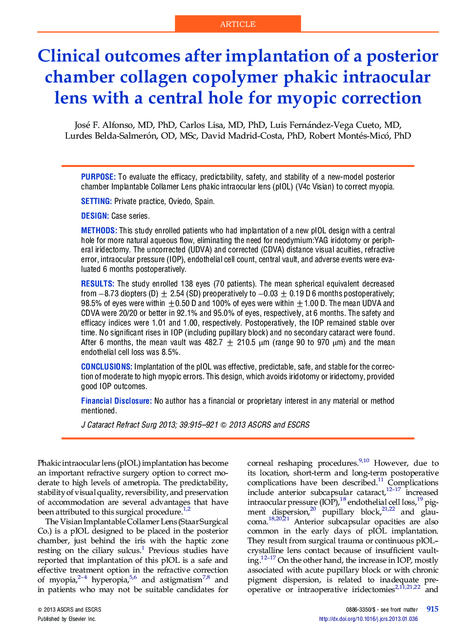 Clinical outcomes after implantation of a posterior chamber collagen copolymer phakic intraocular lens with a central hole for myopic correction