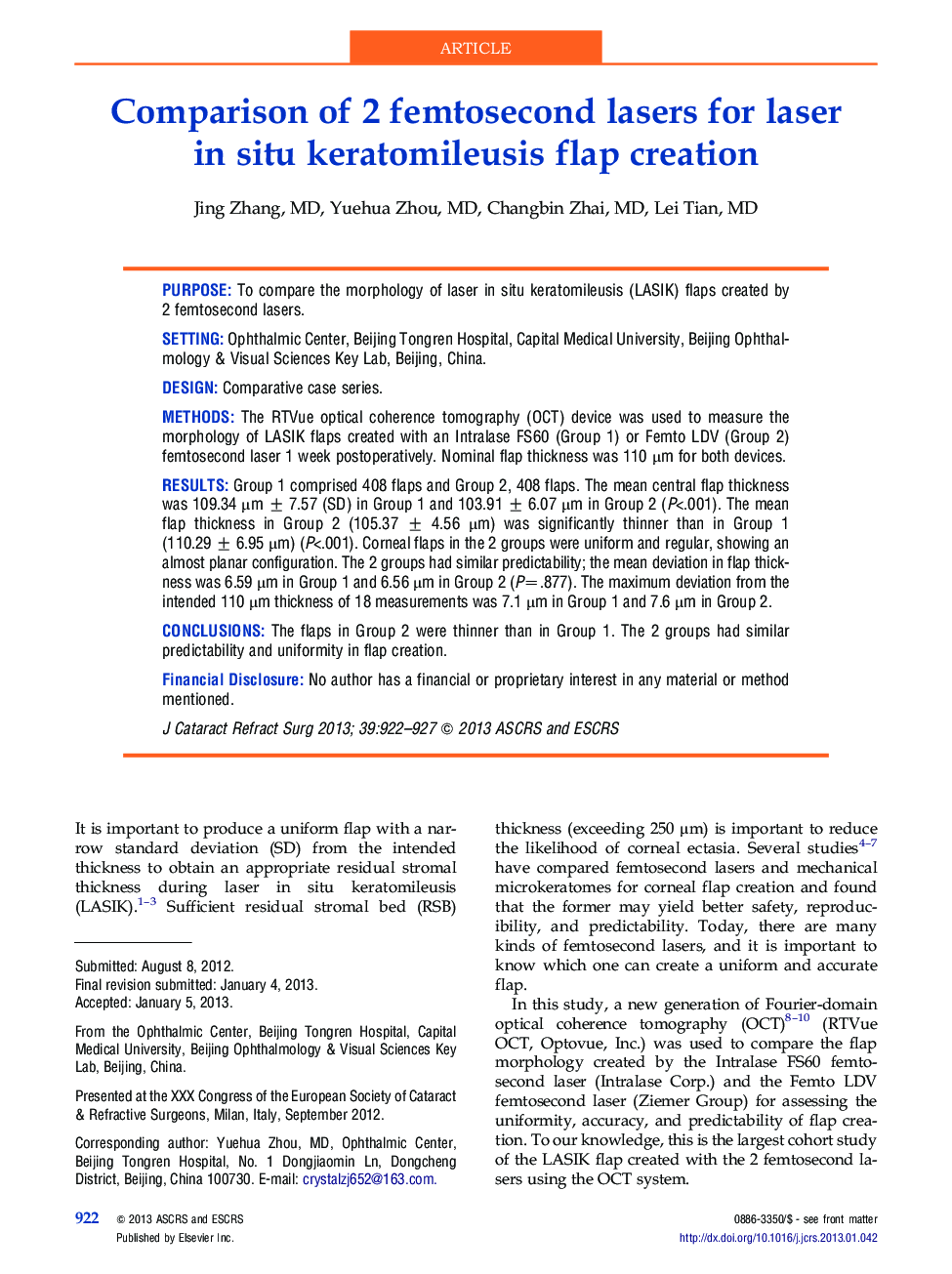 Comparison of 2 femtosecond lasers for laser in situ keratomileusis flap creation