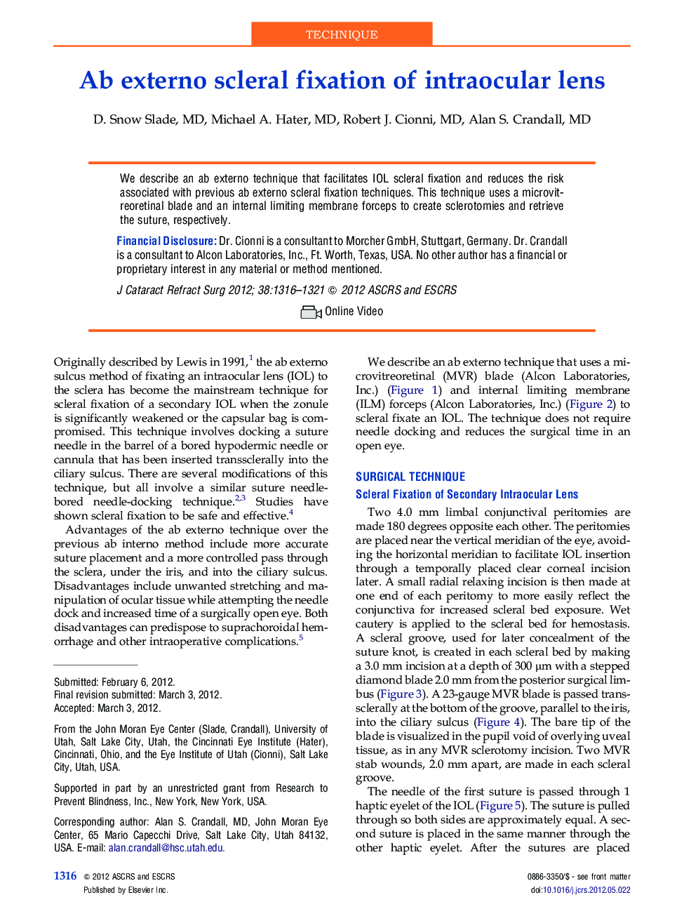 Ab externo scleral fixation of intraocular lens