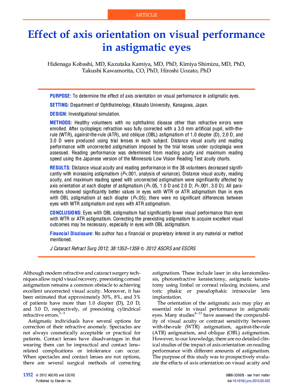 Effect of axis orientation on visual performance in astigmatic eyes