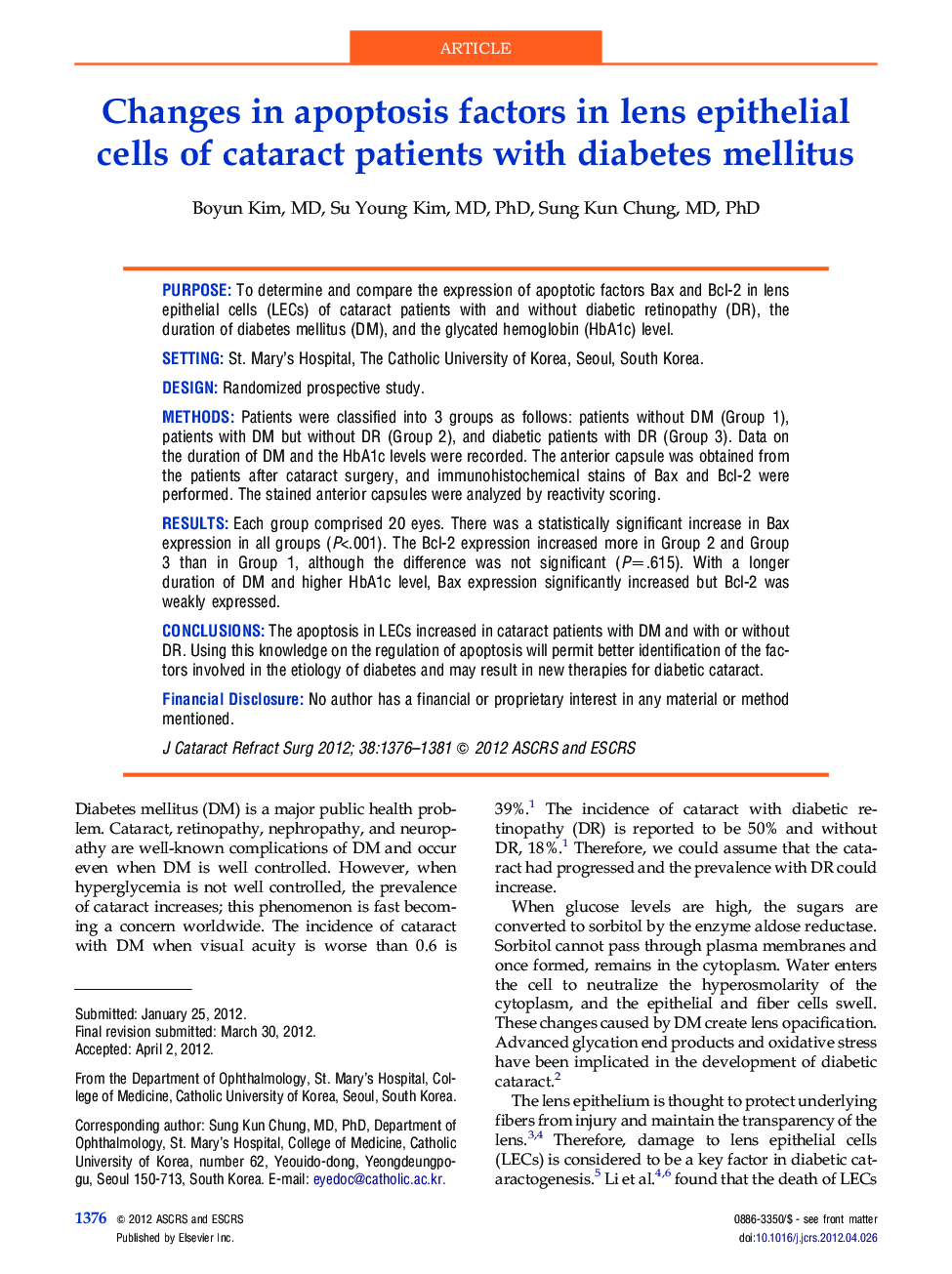 Changes in apoptosis factors in lens epithelial cells of cataract patients with diabetes mellitus
