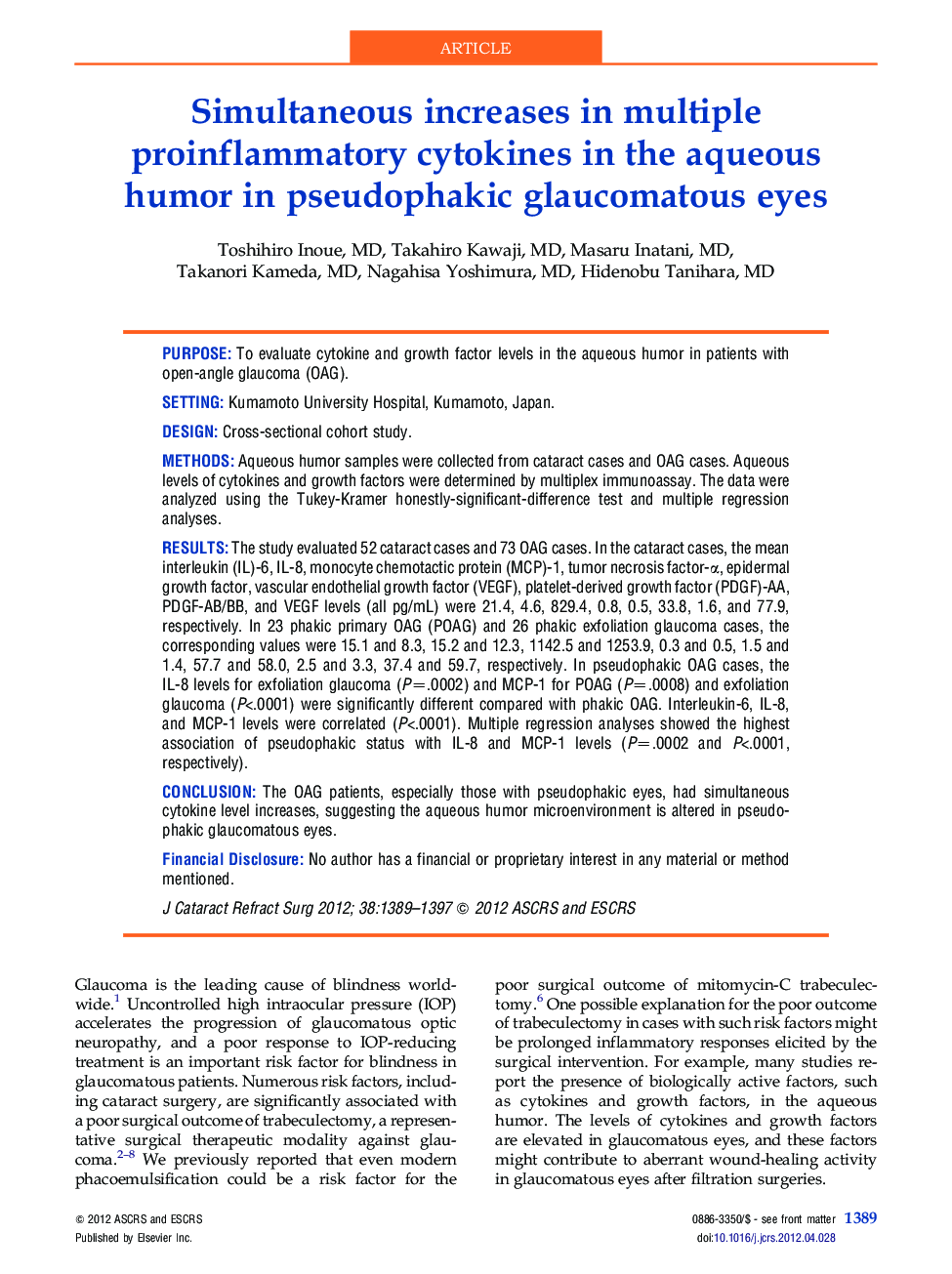 Simultaneous increases in multiple proinflammatory cytokines in the aqueous humor in pseudophakic glaucomatous eyes