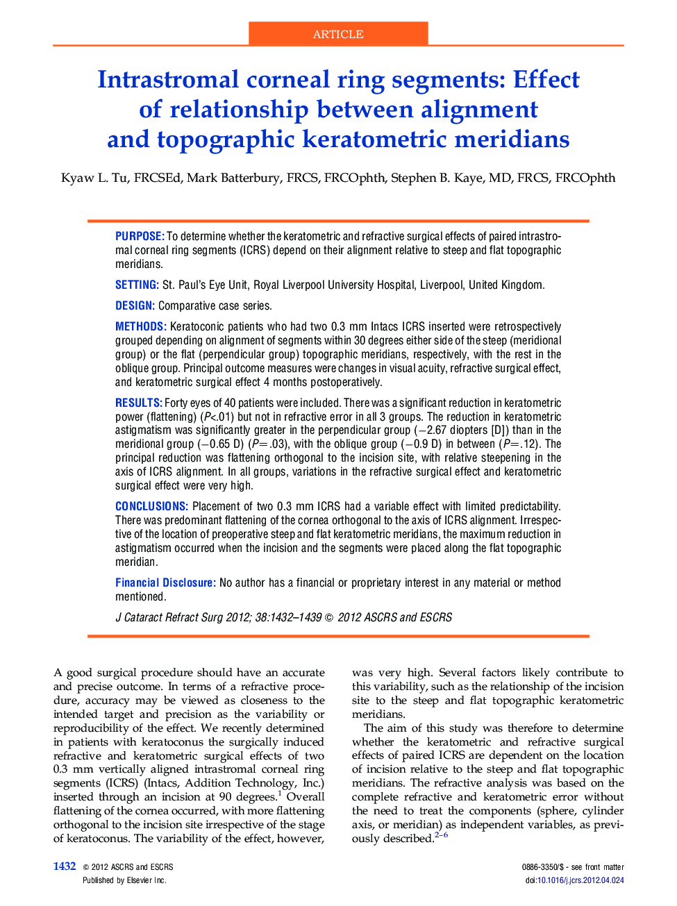 Intrastromal corneal ring segments: Effect of relationship between alignment and topographic keratometric meridians