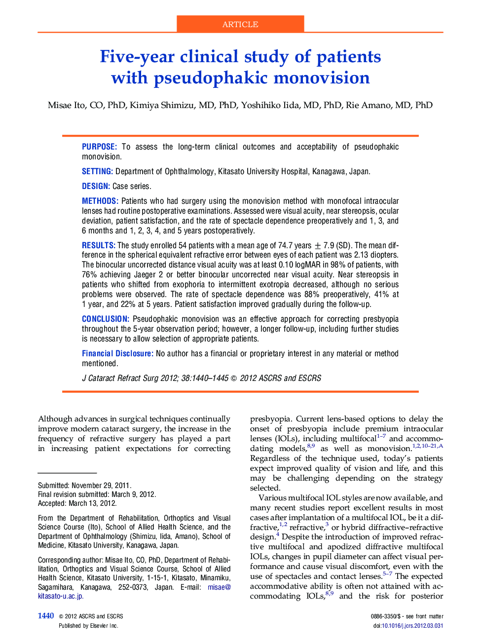 Five-year clinical study of patients with pseudophakic monovision