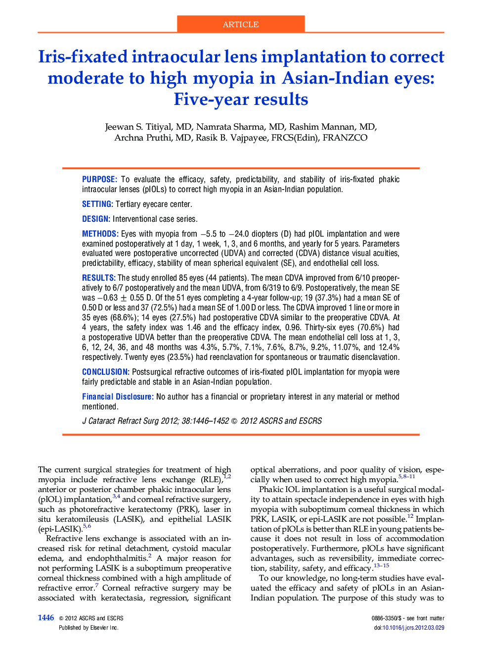 Iris-fixated intraocular lens implantation to correct moderate to high myopia in Asian-Indian eyes: Five-year results