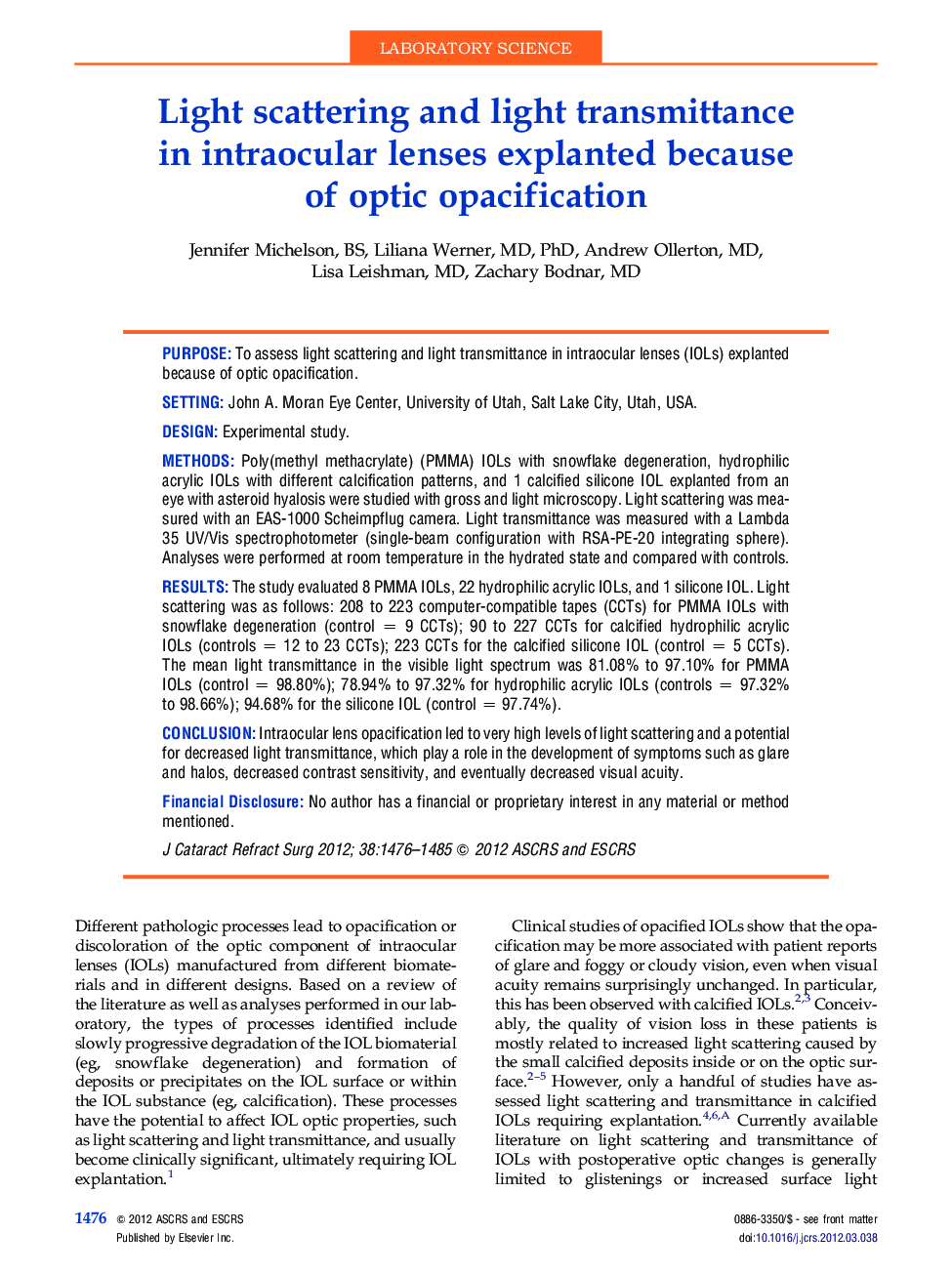 Light scattering and light transmittance in intraocular lenses explanted because of optic opacification