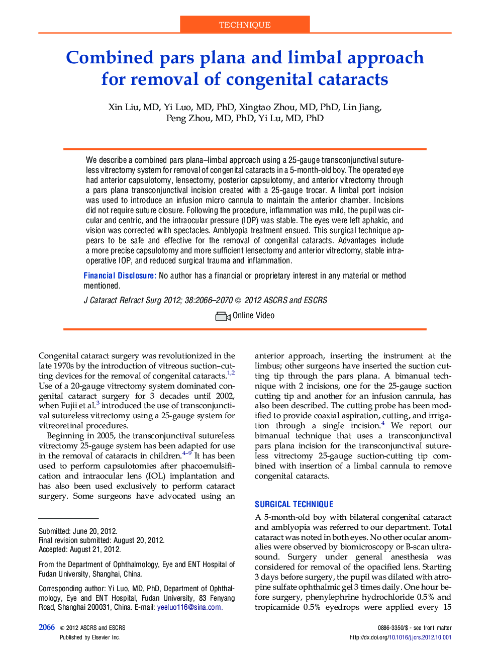 Combined pars plana and limbal approach forÂ removal of congenital cataracts