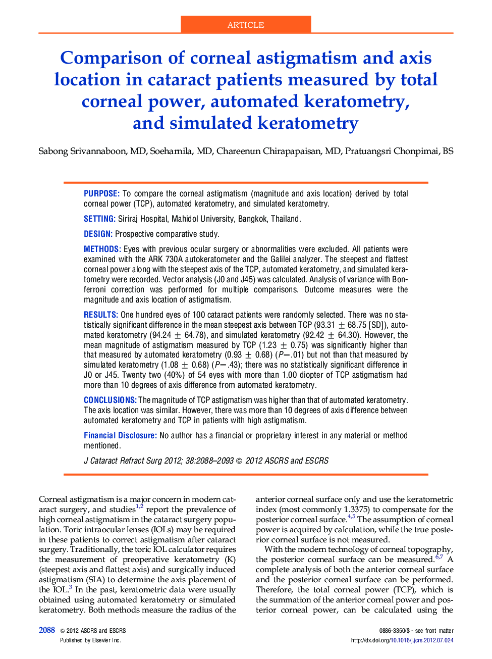 Comparison of corneal astigmatism and axis location in cataract patients measured by total corneal power, automated keratometry, and simulated keratometry