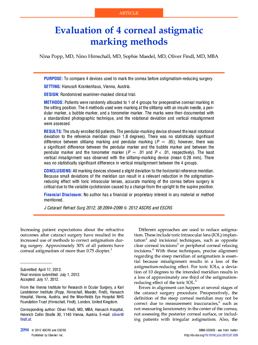 Evaluation of 4 corneal astigmatic marking methods
