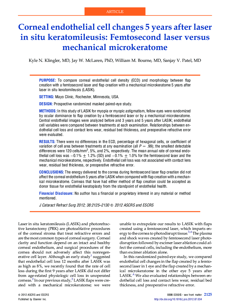 Corneal endothelial cell changes 5 years after laser in situ keratomileusis: Femtosecond laser versus mechanical microkeratome