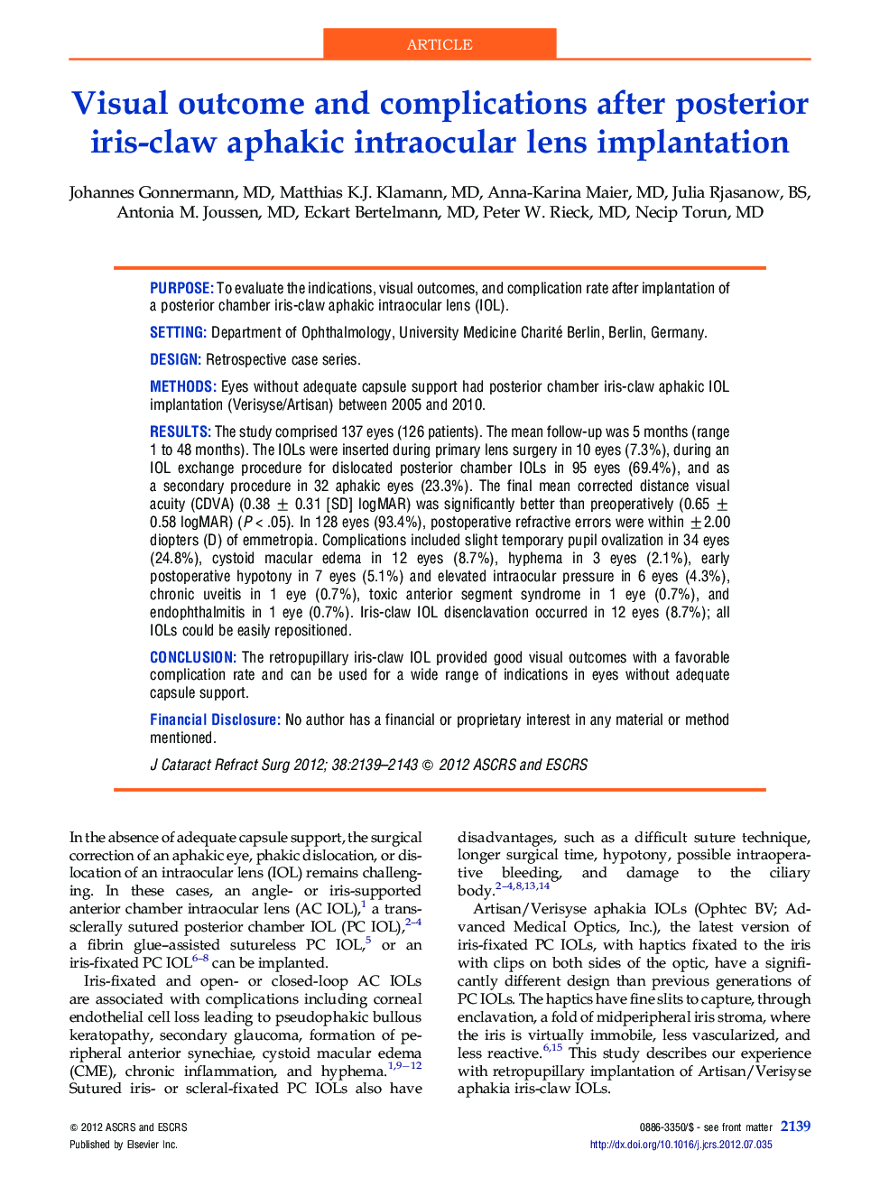Visual outcome and complications after posterior iris-claw aphakic intraocular lens implantation