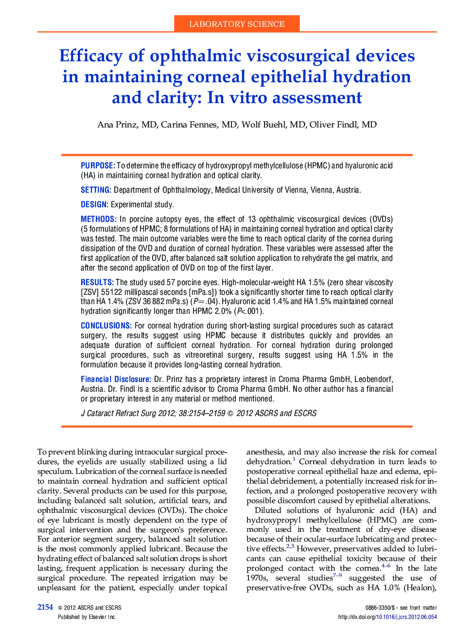 Efficacy of ophthalmic viscosurgical devices inÂ maintaining corneal epithelial hydration andÂ clarity: InÂ vitro assessment