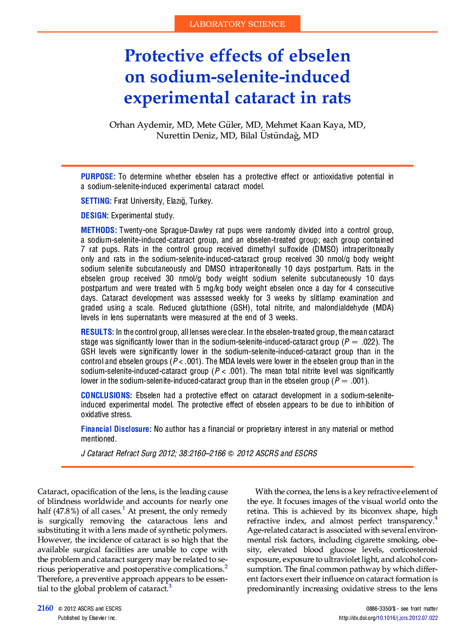 Protective effects of ebselen on sodium-selenite-induced experimental cataract in rats