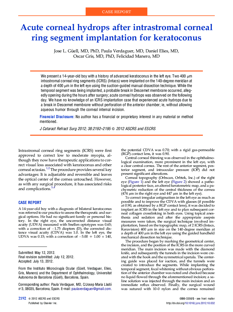 Acute corneal hydrops after intrastromal corneal ring segment implantation for keratoconus
