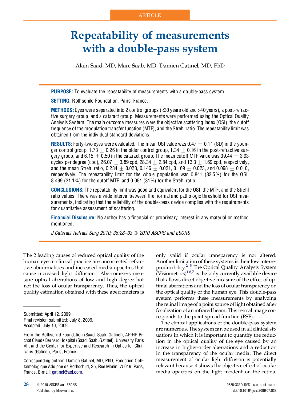 Repeatability of measurements with a double-pass system