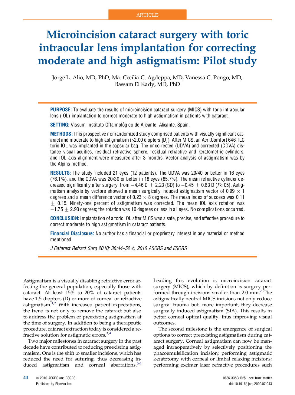 Microincision cataract surgery with toric intraocular lens implantation for correcting moderate and high astigmatism: Pilot study