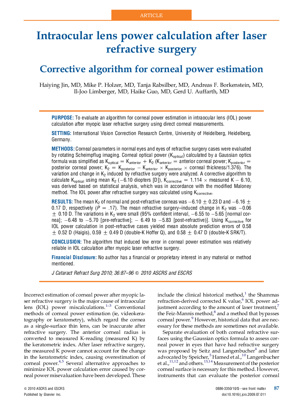 Intraocular lens power calculation after laser refractive surgery