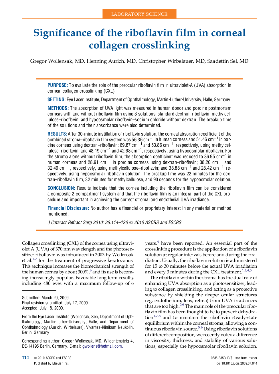 عکس صفحه اول مقاله: Significance of the riboflavin film in corneal collagen crosslinking Significance of the riboflavin film in corneal collagen crosslinking
