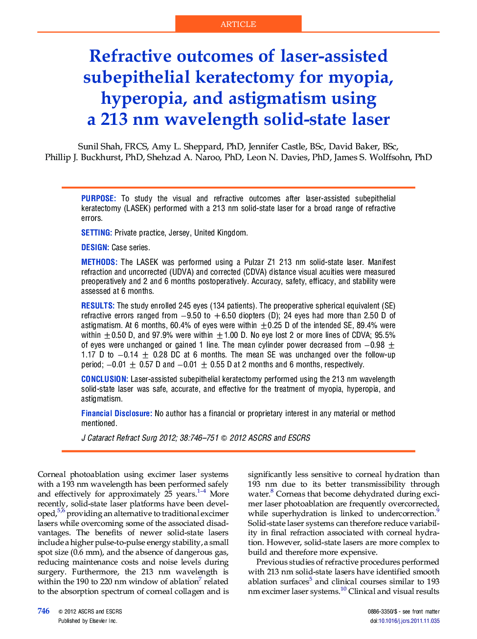 Refractive outcomes of laser-assisted subepithelial keratectomy for myopia, hyperopia, and astigmatism using a 213 nm wavelength solid-state laser
