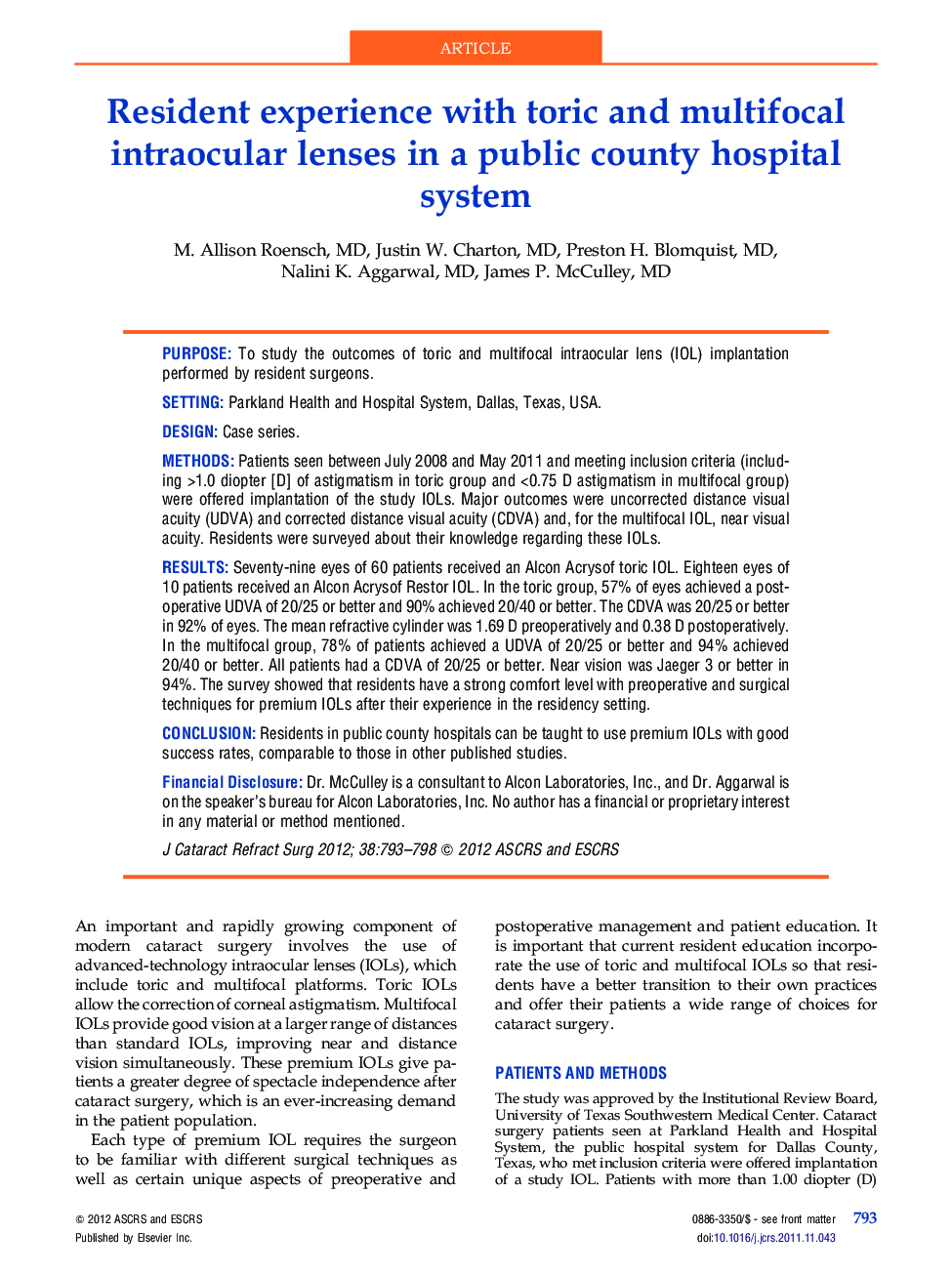 Resident experience with toric and multifocal intraocular lenses in a public county hospital system