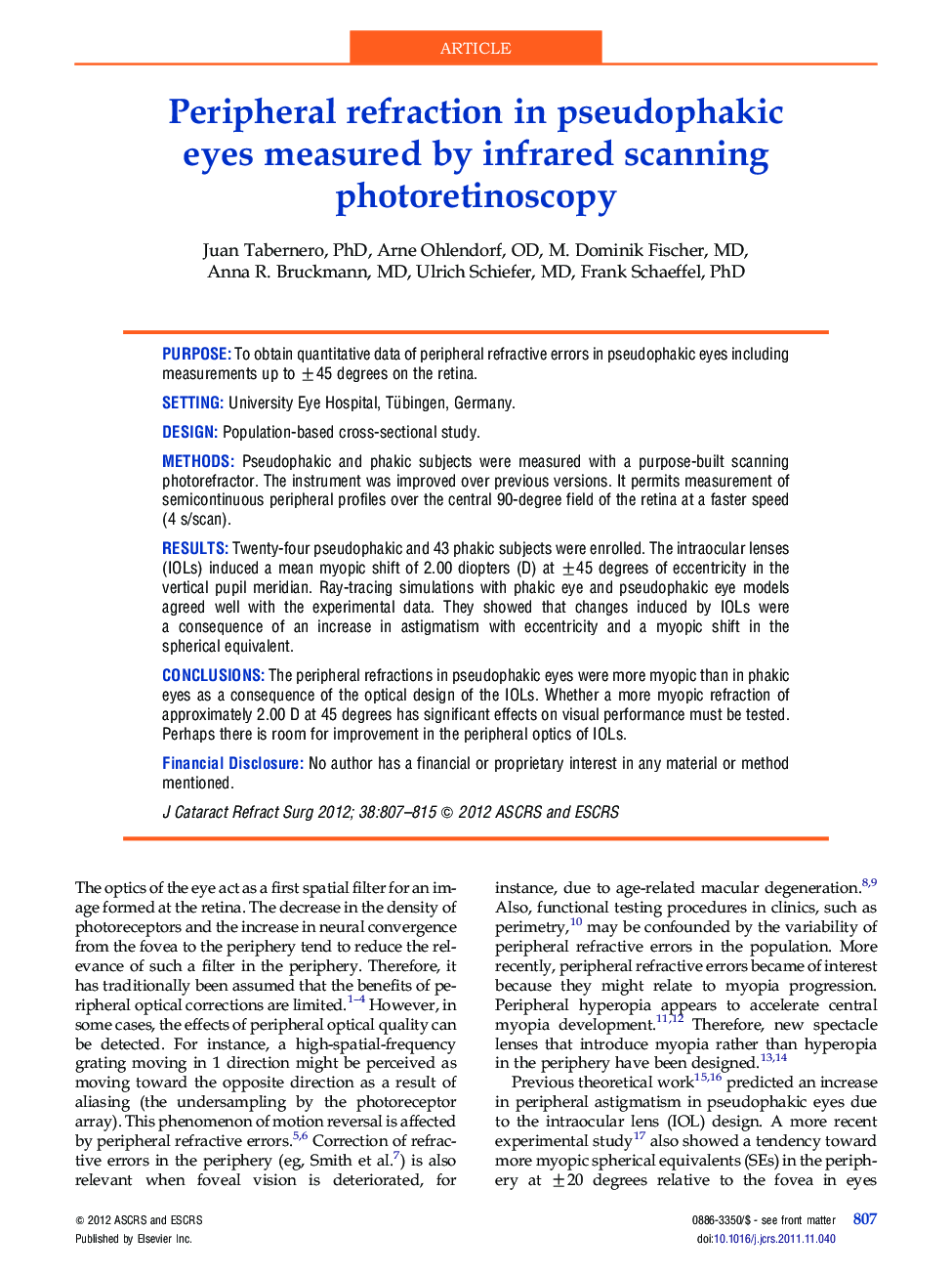 Peripheral refraction in pseudophakic eyes measured by infrared scanning photoretinoscopy