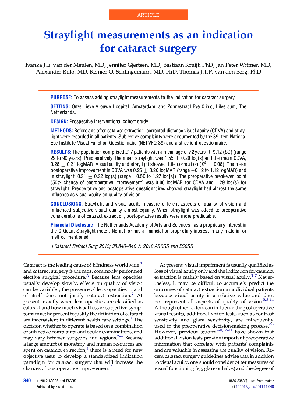 Straylight measurements as an indication for cataract surgery 