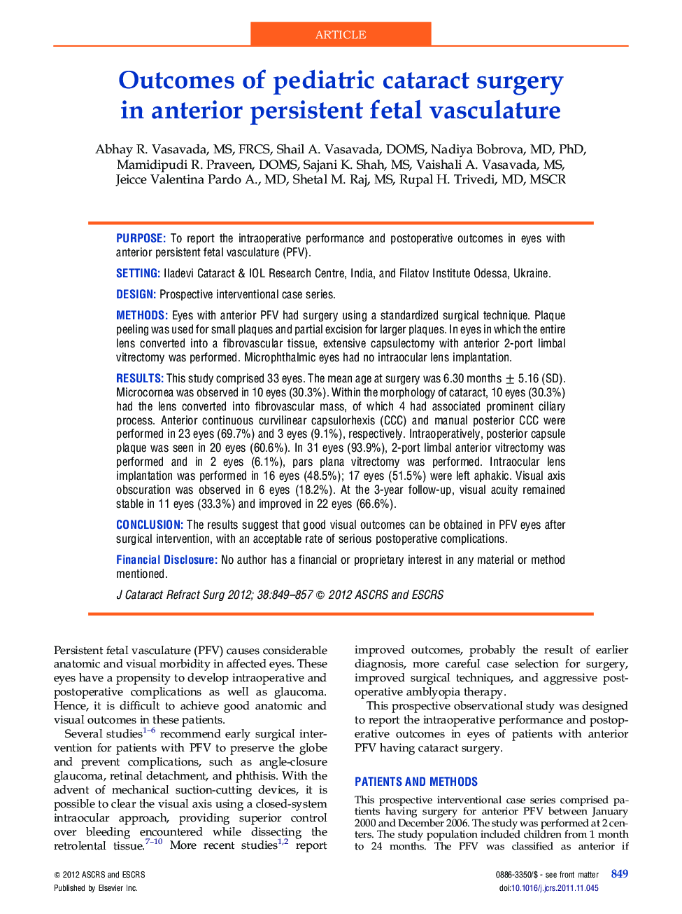 Outcomes of pediatric cataract surgery in anterior persistent fetal vasculature