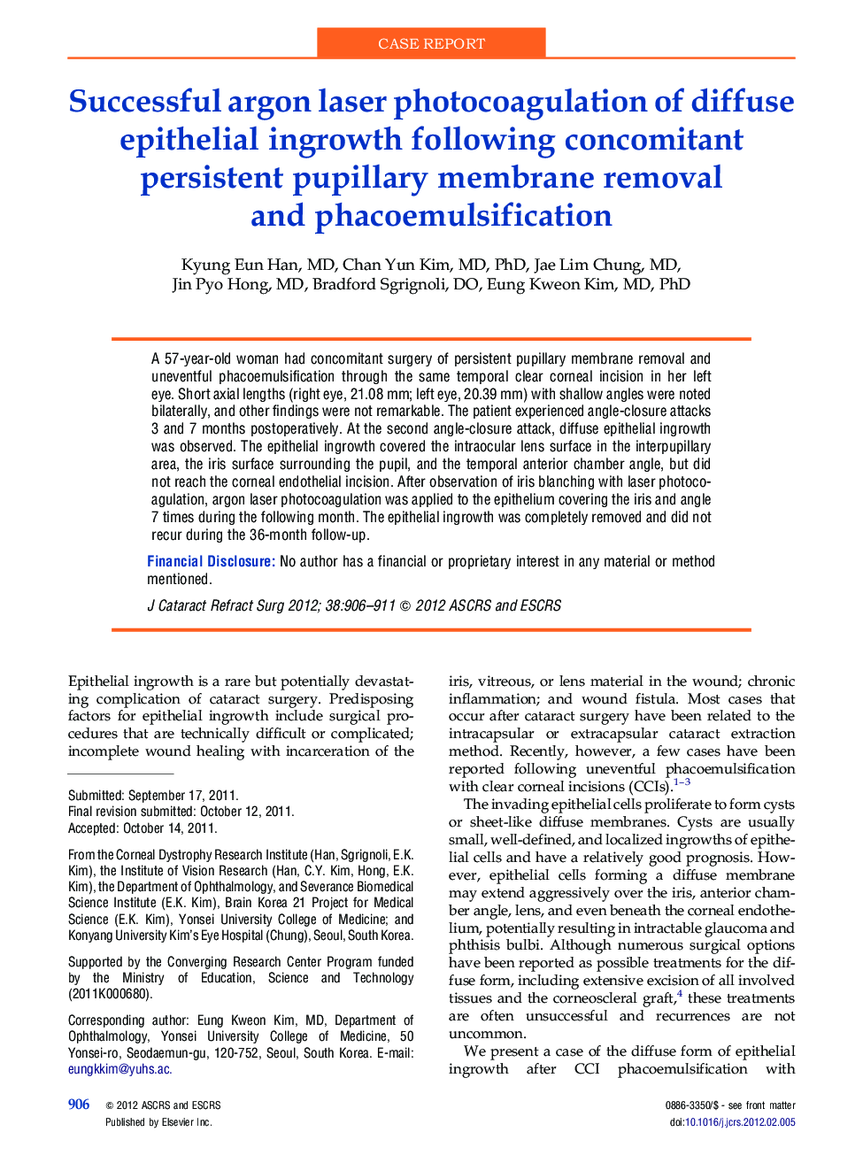 Successful argon laser photocoagulation of diffuse epithelial ingrowth following concomitant persistent pupillary membrane removal and phacoemulsification