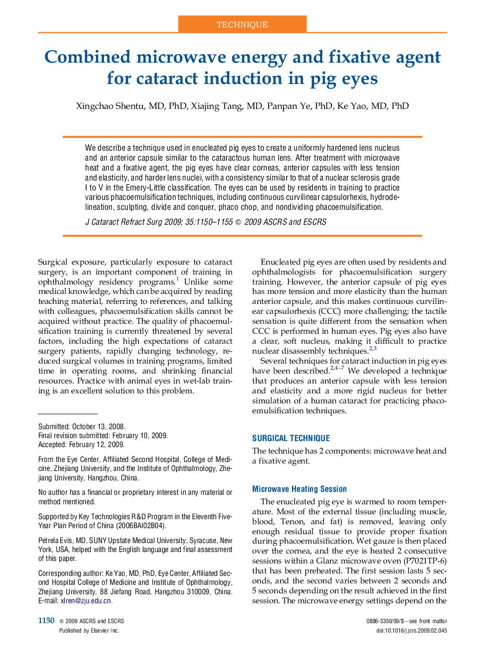 Combined microwave energy and fixative agent for cataract induction in pig eyes 