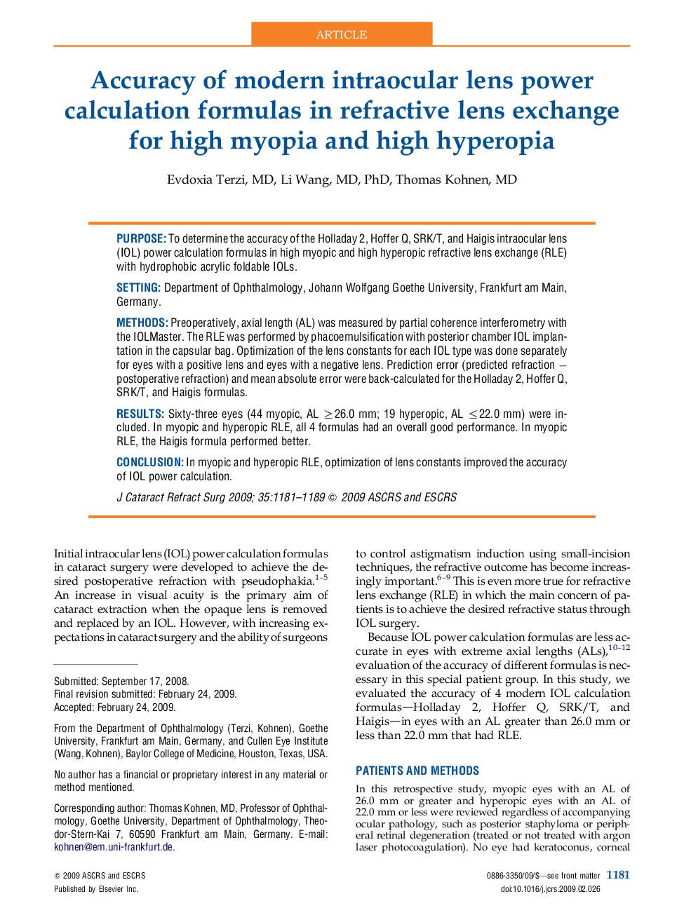 Accuracy of modern intraocular lens power calculation formulas in refractive lens exchange for high myopia and high hyperopia