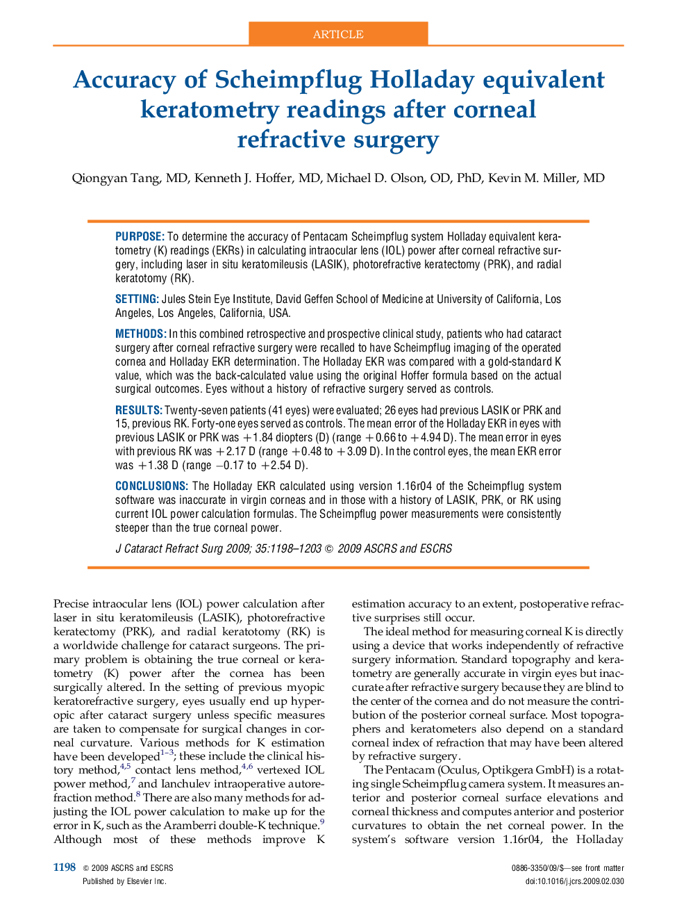 Accuracy of Scheimpflug Holladay equivalent keratometry readings after corneal refractive surgery 