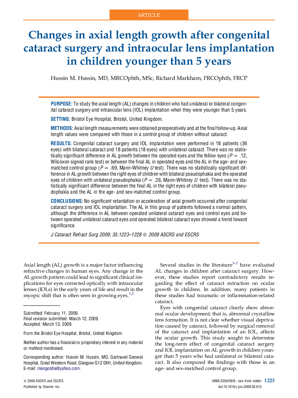 Changes in axial length growth after congenital cataract surgery and intraocular lens implantation in children younger than 5 years