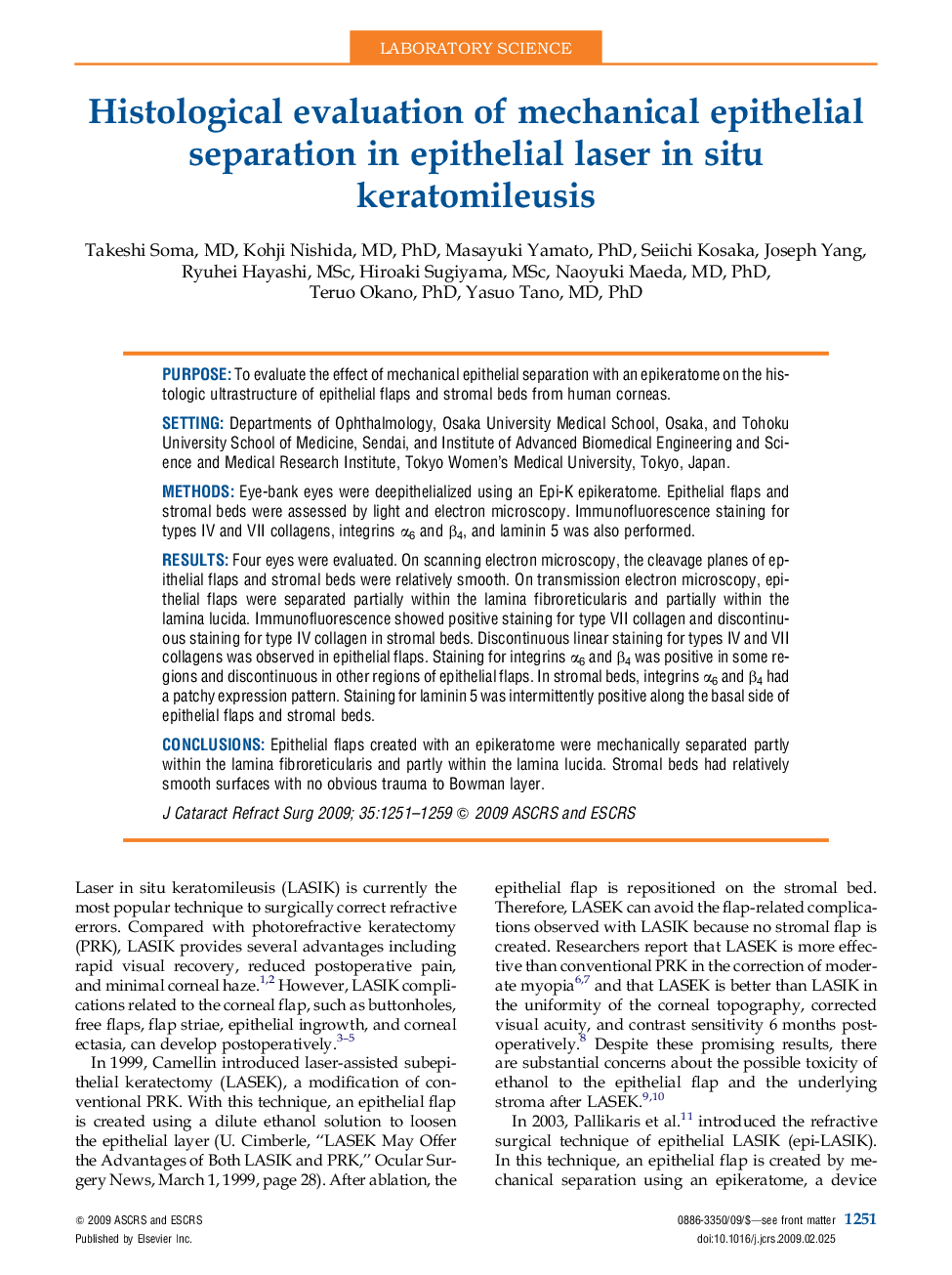 Histological evaluation of mechanical epithelial separation in epithelial laser in situ keratomileusis 
