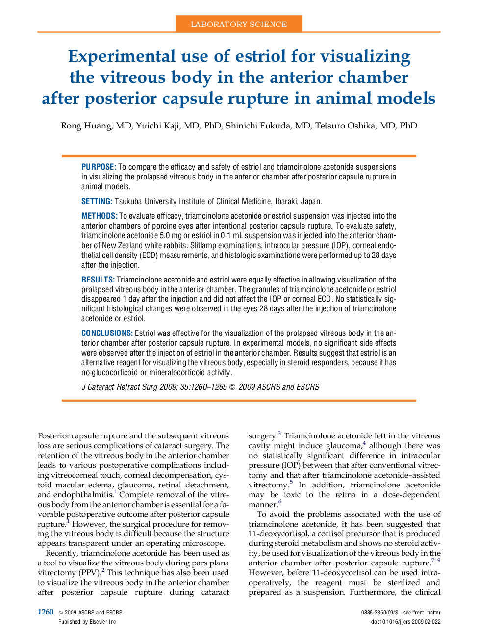 Experimental use of estriol for visualizing the vitreous body in the anterior chamber after posterior capsule rupture in animal models