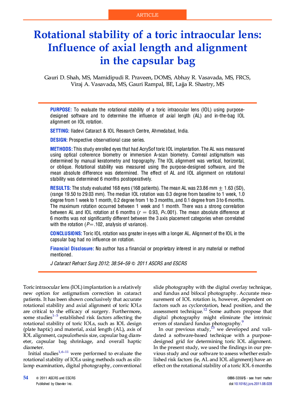 Rotational stability of a toric intraocular lens: Influence of axial length and alignment in the capsular bag