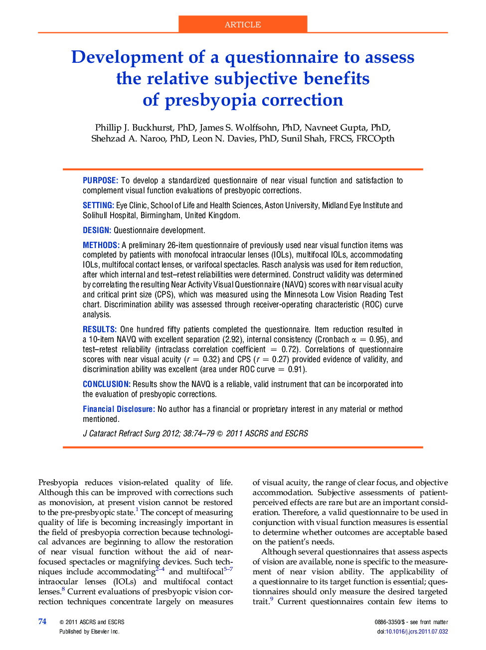 Development of a questionnaire to assess the relative subjective benefits of presbyopia correction