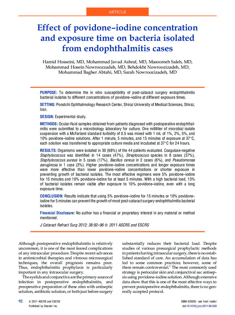 Effect of povidone-iodine concentration and exposure time on bacteria isolated from endophthalmitis cases