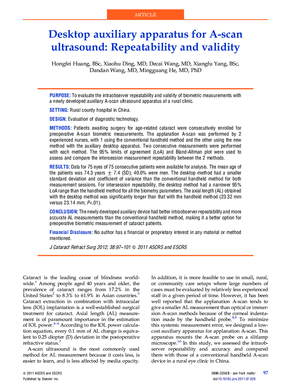 Desktop auxiliary apparatus for A-scan ultrasound: Repeatability and validity 