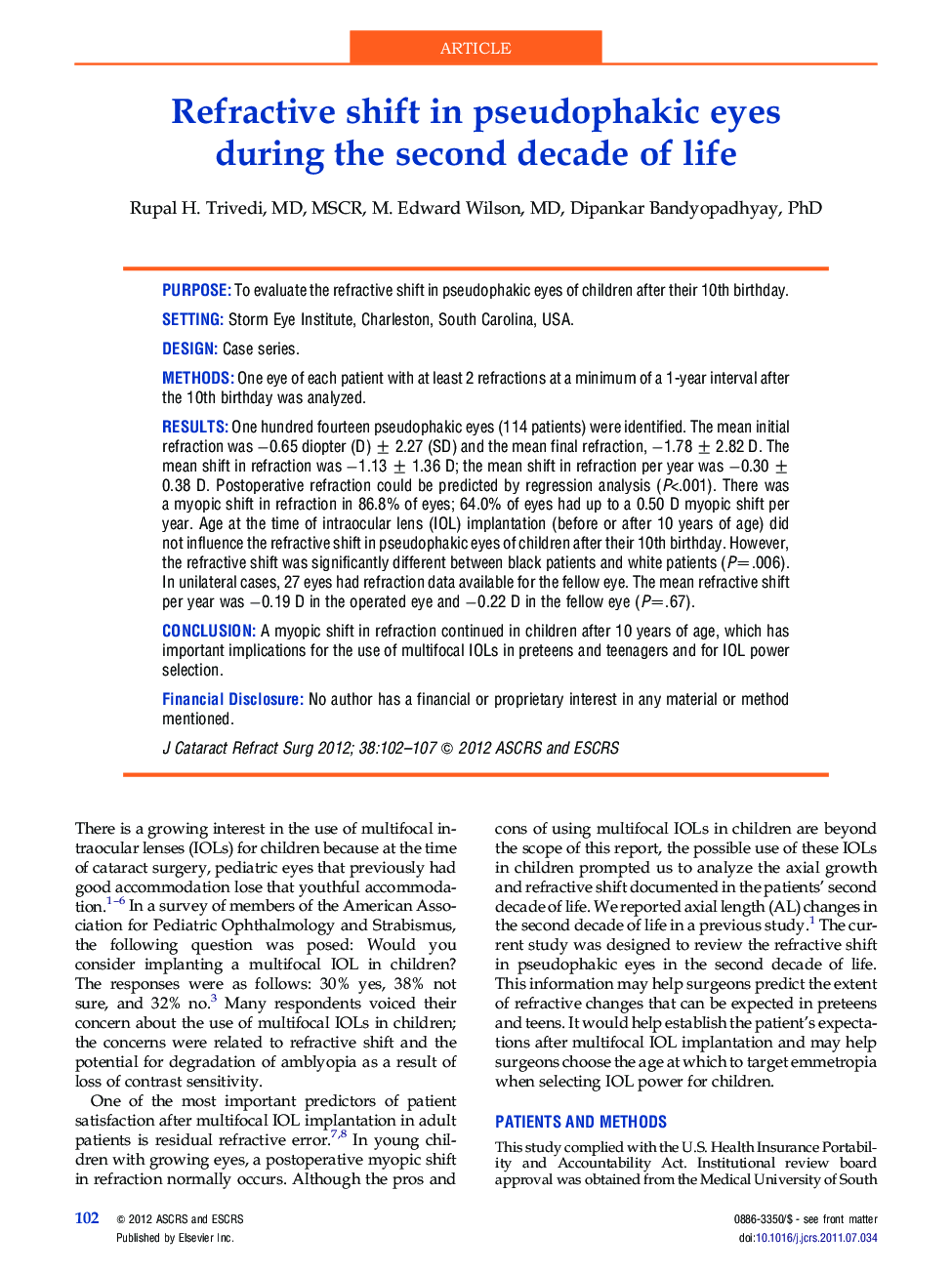 Refractive shift in pseudophakic eyes during the second decade of life