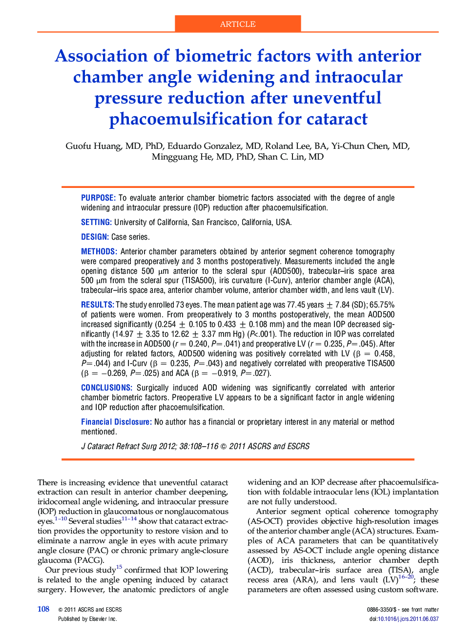 Association of biometric factors with anterior chamber angle widening and intraocular pressure reduction after uneventful phacoemulsification for cataract