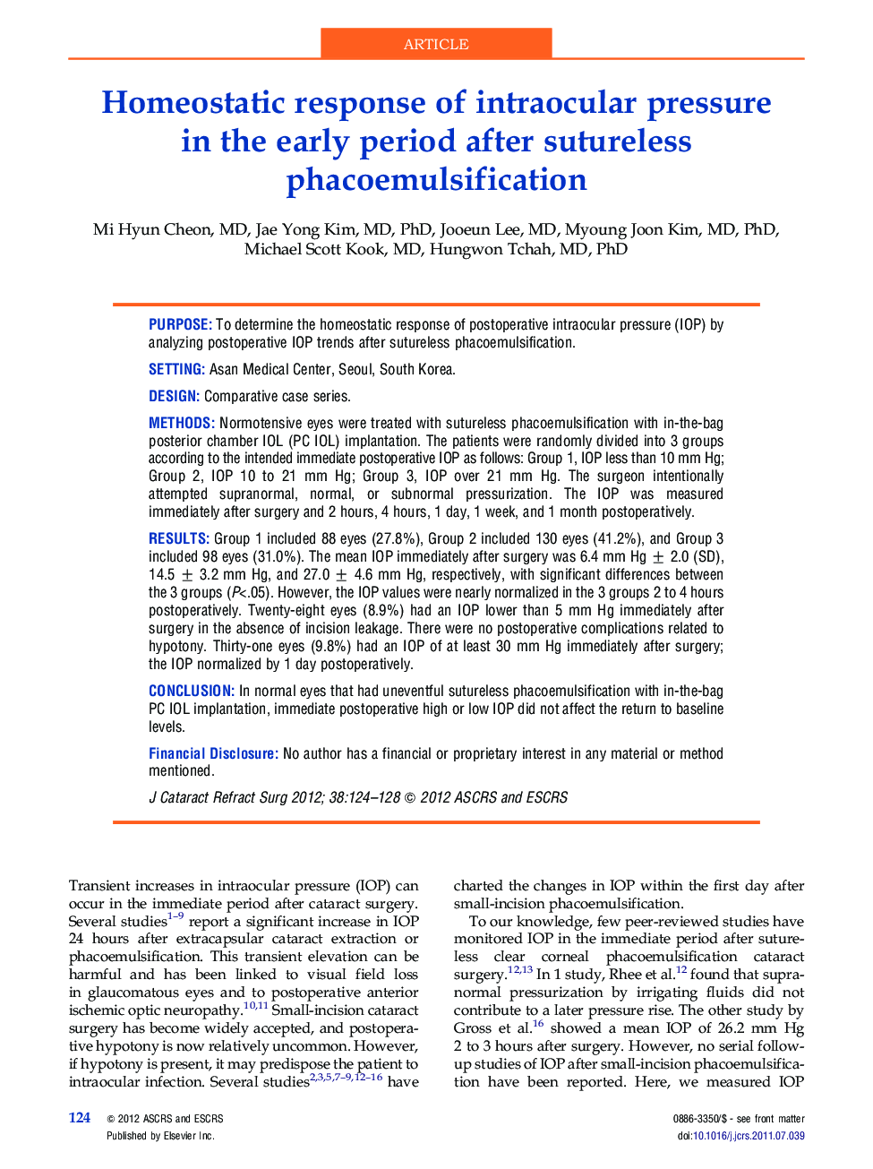 Homeostatic response of intraocular pressure in the early period after sutureless phacoemulsification