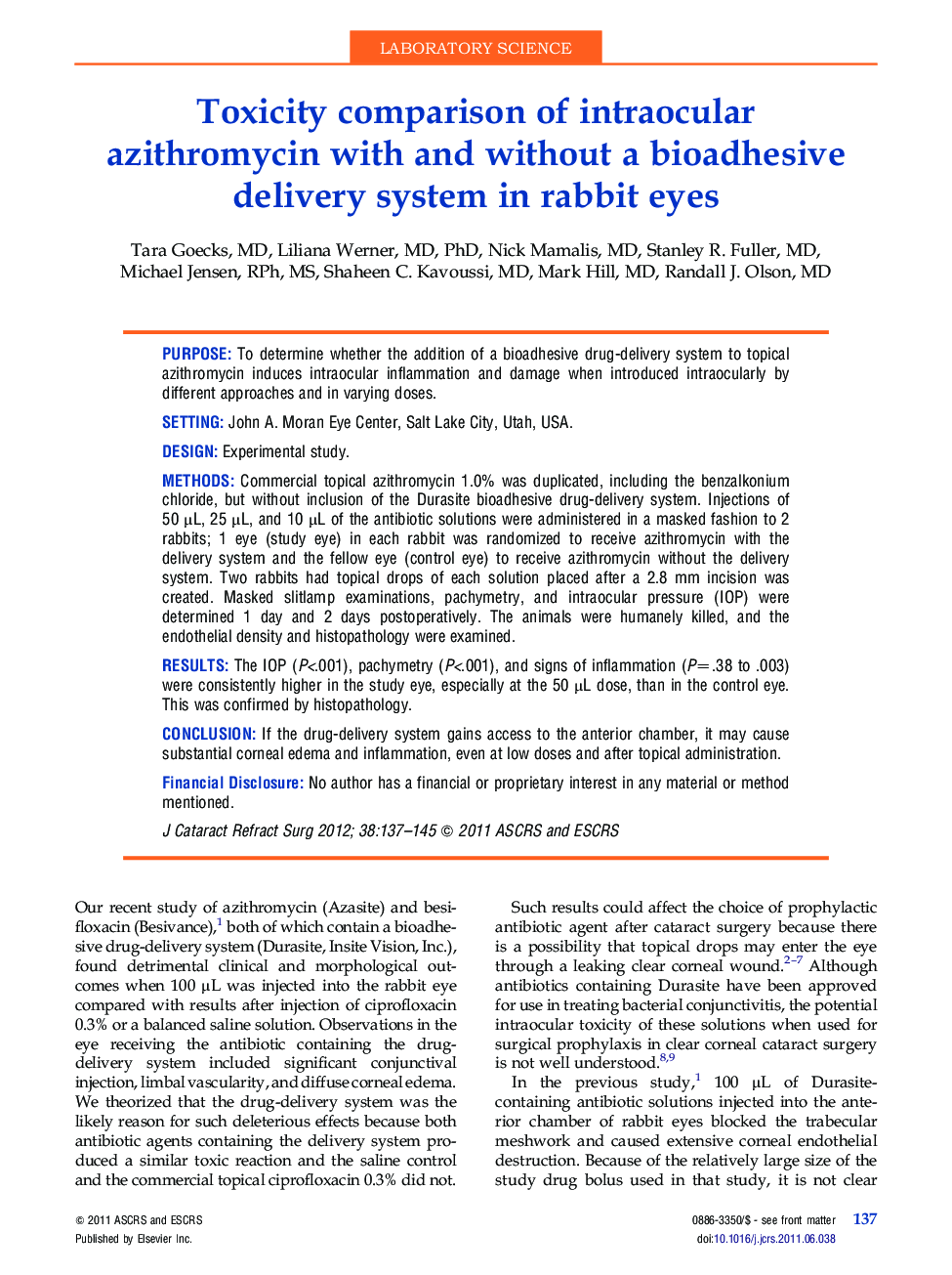 Toxicity comparison of intraocular azithromycin with and without a bioadhesive delivery system in rabbit eyes