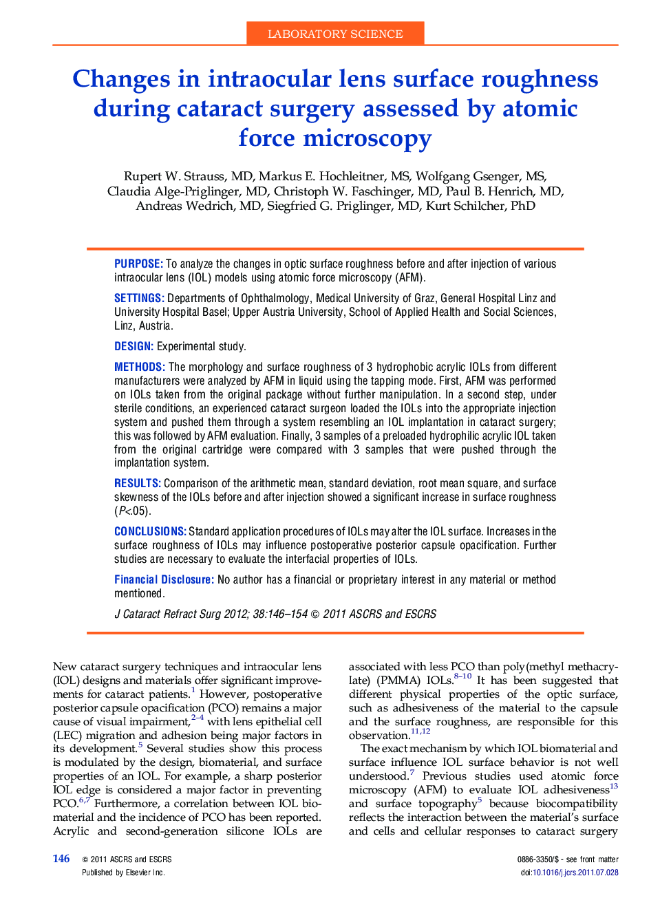 Changes in intraocular lens surface roughness during cataract surgery assessed by atomic force microscopy