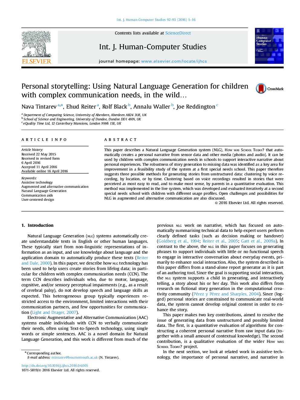 Personal storytelling: Using Natural Language Generation for children with complex communication needs, in the wild…