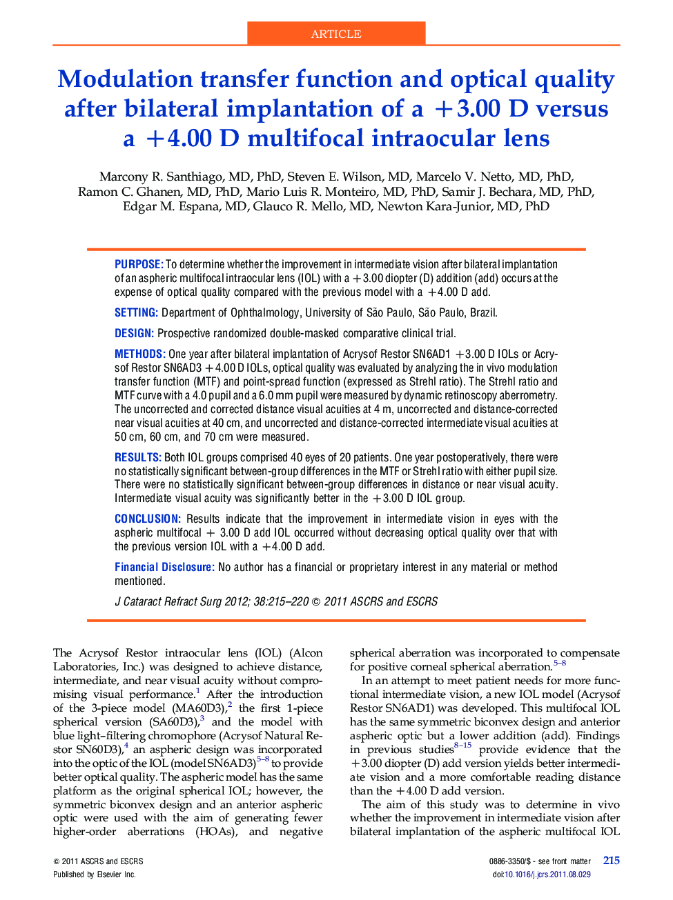 Modulation transfer function and optical quality after bilateral implantation of a +3.00 D versus a +4.00 D multifocal intraocular lens