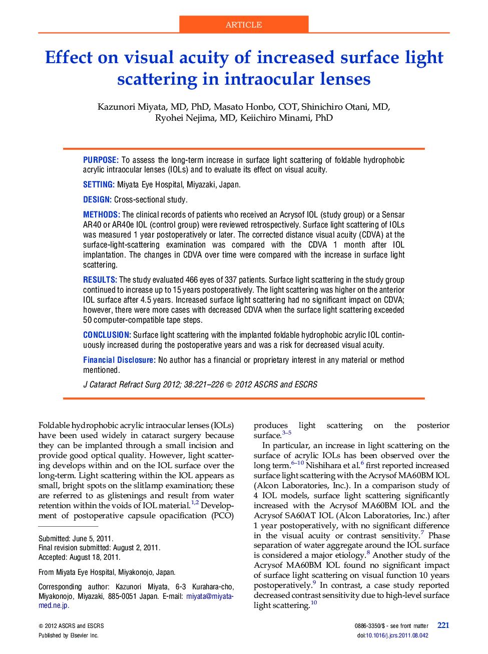 Effect on visual acuity of increased surface light scattering in intraocular lenses