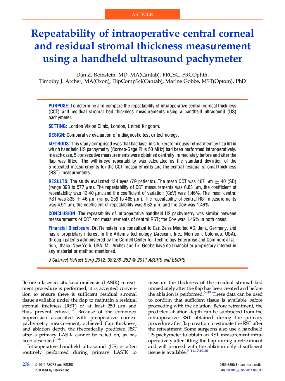 Repeatability of intraoperative central corneal and residual stromal thickness measurement using a handheld ultrasound pachymeter