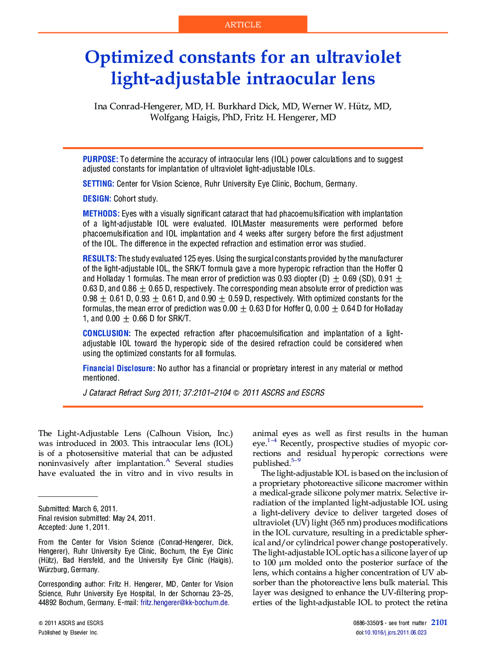 Optimized constants for an ultraviolet light-adjustable intraocular lens