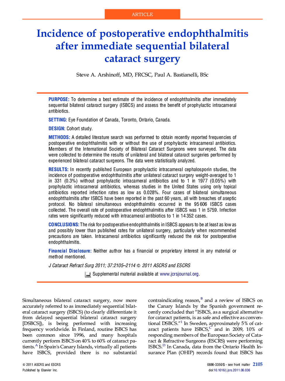 Incidence of postoperative endophthalmitis after immediate sequential bilateral cataract surgery